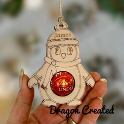 Personalised Penguin Chocolate Christmas Ornament Wooden Bauble, Holder Lindor - thumbnail 2