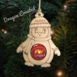 Personalised Penguin Chocolate Christmas Ornament Wooden Bauble, Holder Lindor - thumbnail 3