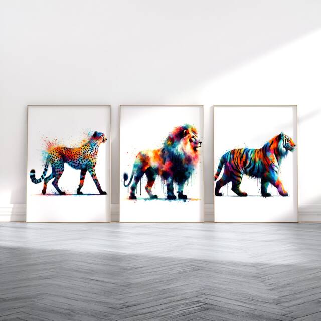 Colourful Animal Print Set - 3 Watercolour Posters - Cheetah, Lion, Tiger Prints Home Artwork Decor Wall Art Pictures Painting Design - image 1