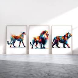 Colourful Animal Print Set - 3 Watercolour Posters - Cheetah, Lion, Tiger Prints Home Artwork Decor Wall Art Pictures Painting Design - thumbnail 1