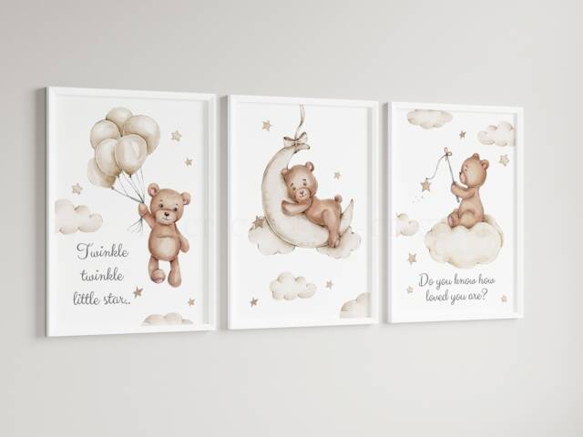 Baby Nursery Teddy Bear Prints - A4 Or A3 Size Stars Cloud Moon Boy Girl Twinkle Gender Unisex Neutral Beige Natural Boho Balloon - image 1