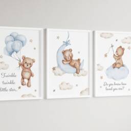 Baby Nursery Teddy Bear Prints - A4 Or A3 Size Stars Cloud Moon Boy Girl Twinkle Gender Unisex Neutral Beige Natural Boho Balloon - thumbnail 2