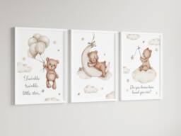 Baby Nursery Teddy Bear Prints - A4 Or A3 Size Stars Cloud Moon Boy Girl Twinkle Gender Unisex Neutral Beige Natural Boho Balloon - thumbnail 1