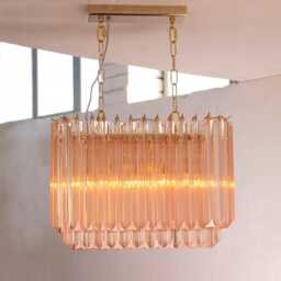 Suspension Lamp Made in Italy Triedri Pink Murano Glass Vintage Style, Ceiling Chandelier 50 cm Width - thumbnail 2