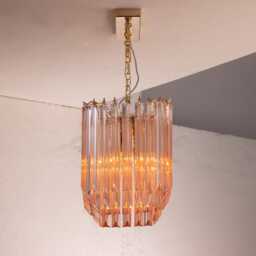 Suspension Lamp Made in Italy Triedri Pink Murano Glass Vintage Style, Ceiling Chandelier 50 cm Width - thumbnail 3