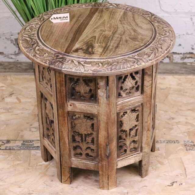 Jenari Medium Mango Wood Side Table Leaf Carving - image 1