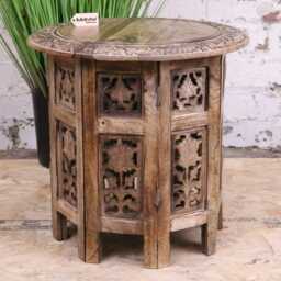 Jenari Medium Mango Wood Side Table Leaf Carving - thumbnail 2