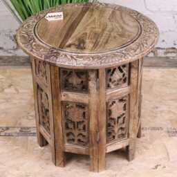 Jenari Medium Mango Wood Side Table Leaf Carving - thumbnail 1