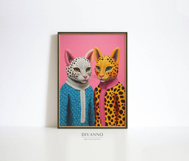 Wild Colourful Cats Print, Exotic Animal Wall Art, Jaguar Canvas, Cat Duo Vibrant Poster, Lover Gift Digital Printable Trendy Home Decor - image 1