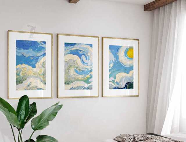 Van Gogh Clouds, Bedroom Wall Art, Set Of 3 Prints, White Clouds Blue Sky Posters, Home Decor, Large Poster Decor - image 1