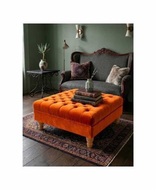 Deep Tufted Plush Velvet Footstool - Natural Gloss Wooden Legs Footrest, Coffee Table - image 1