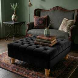 Deep Tufted Plush Velvet Footstool - Natural Gloss Wooden Legs Footrest, Coffee Table - thumbnail 2