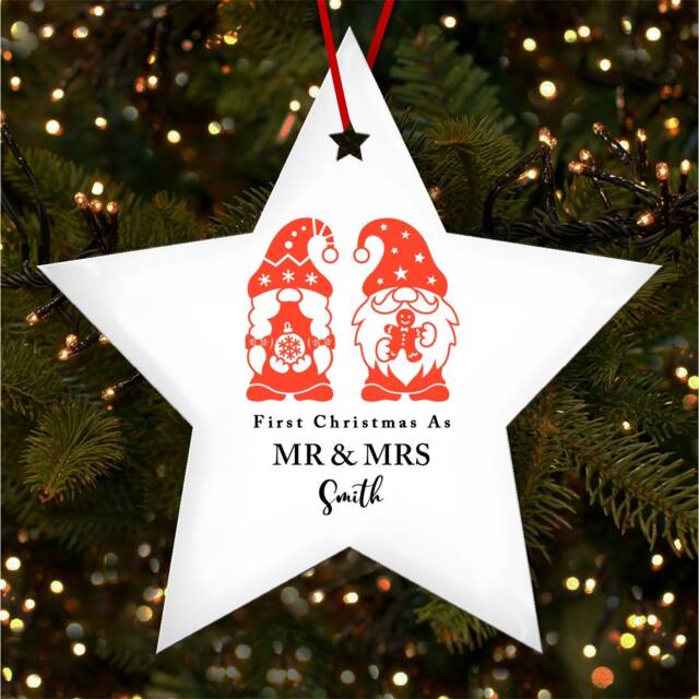 First As Mr & Mrs Gnomes Star Personalised Christmas Tree Ornament Decoration