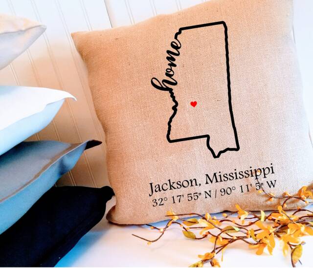 Personalized City Coordinates Farmhouse Pillow Cover - Custom Mississippi Home D??cor Gift With Zipper Enclosure - image 1