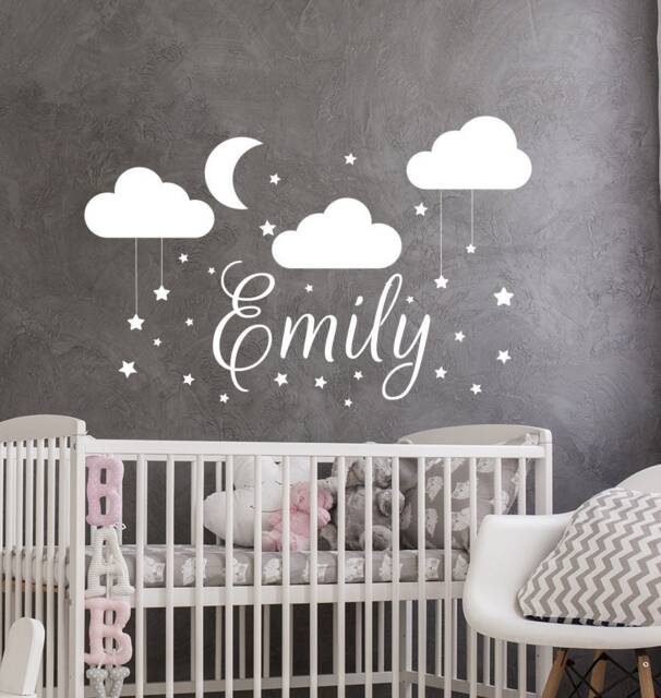 Name Wall Decal, Baby Nursery Custom For Vinyl Stickers, Clouds Decor, Moon Stars Bedroom Decal S185 - image 1