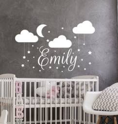 Name Wall Decal, Baby Nursery Custom For Vinyl Stickers, Clouds Decor, Moon Stars Bedroom Decal S185 - thumbnail 1