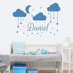 Name Wall Decal, Baby Nursery Custom For Vinyl Stickers, Clouds Decor, Moon Stars Bedroom Decal S185 - thumbnail 2
