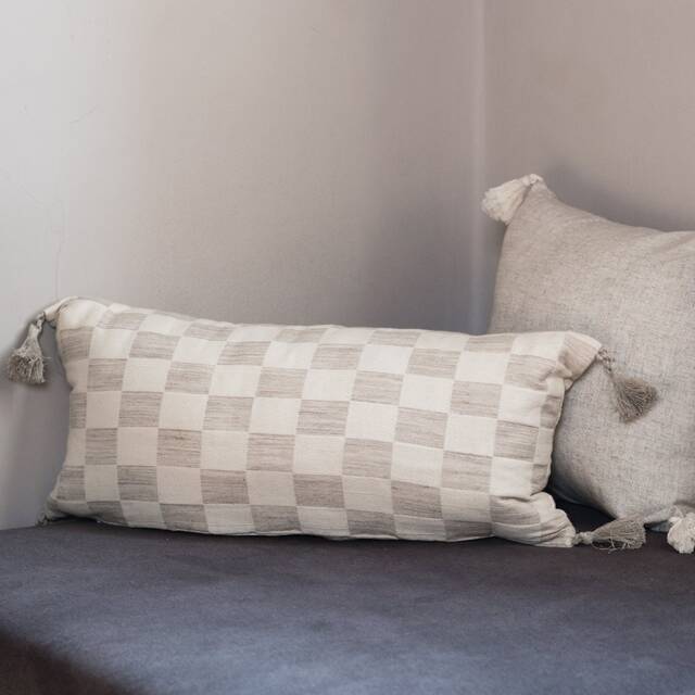 Beige Checkered Decorative Pillow Covers - Cotton Pillowcases For Couch & Bed Neutral Handmade Trendy Pillowcase Set Boho Style 26x12 - image 1