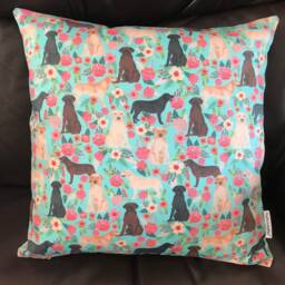Labrador Dog Print Cushion Cover With Turquoise & Pink Floral Design - Home Decor, Home & Living, Decorative Pillow Cover. 38x38cms - thumbnail 4