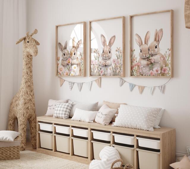 Floral Bunny Prints, Set Of 3, Girls Rabbit Rabbits, Nursery, Dusky Pink, Bedroom Nursery Prints - image 1