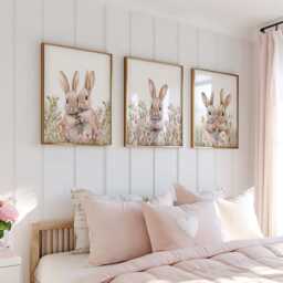 Floral Bunny Prints, Set Of 3, Girls Rabbit Rabbits, Nursery, Dusky Pink, Bedroom Nursery Prints - thumbnail 2