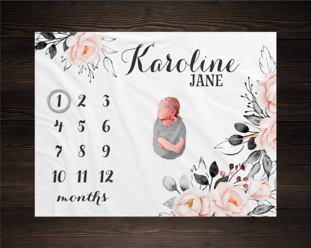Floral Milestone Blanket Personalized Monthly Growth Tracker Custom Baby Shower Gift For New Mom Newborn Nursery Gray & Pink - image 1