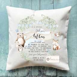 Personalised Christening Baptism Gift Promise To Godchild Godson Goddaughter Bear Woodland Linen Style Cushion Godparent Godmother Godfather