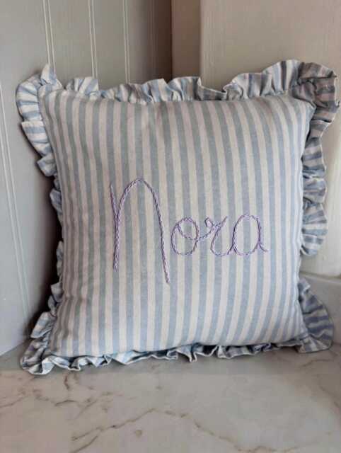 Personalised Embroidered Name Blue Stripe Scatter Cushion - image 1