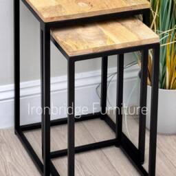 Mango Wood Nesting Side Tables Industrial Style Plant Stands - thumbnail 2