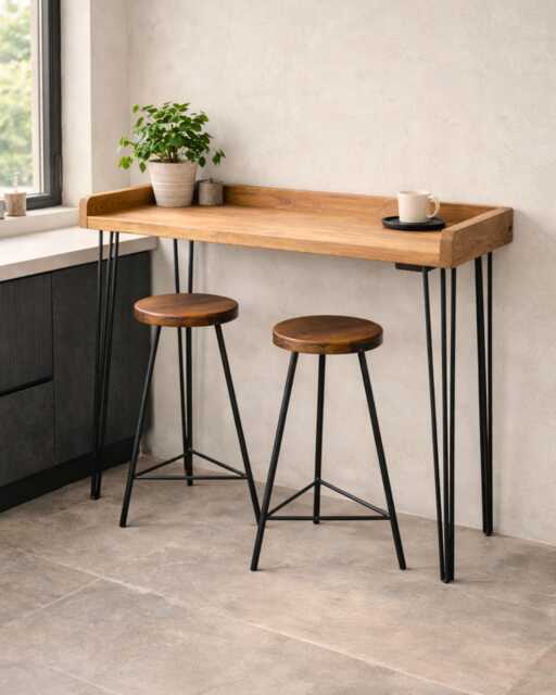Scandinavian Breakfast Bar Table With Stools, Narrow Kitchen Table, Solid Wood Hairpin Legs, Handmade Japandi High - image 1