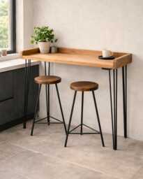Scandinavian Breakfast Bar Table With Stools, Narrow Kitchen Table, Solid Wood Hairpin Legs, Handmade Japandi High