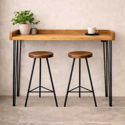 Scandinavian Breakfast Bar Table With Stools, Narrow Kitchen Table, Solid Wood Hairpin Legs, Handmade Japandi High - thumbnail 3