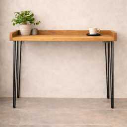 Scandinavian Breakfast Bar Table With Stools, Narrow Kitchen Table, Solid Wood Hairpin Legs, Handmade Japandi High - thumbnail 2
