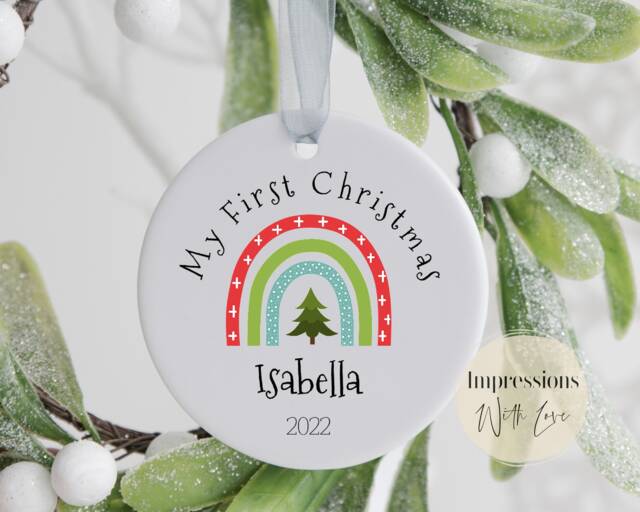 Baby's First Christmas Personalised Ornament, My 1st Bauble, Keepsake, Tree Ceramic Decoration, New Baby Gift, Rainbow