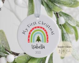 Baby's First Christmas Personalised Ornament, My 1st Bauble, Keepsake, Tree Ceramic Decoration, New Baby Gift, Rainbow