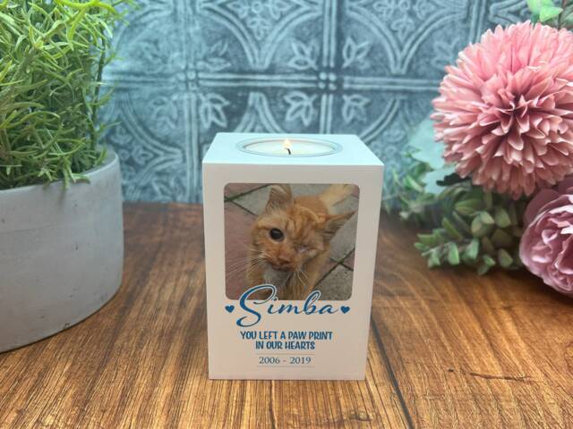 Paw Print On Our Heart Pet Memorial Tea Light Candle Holder Personalised Picture