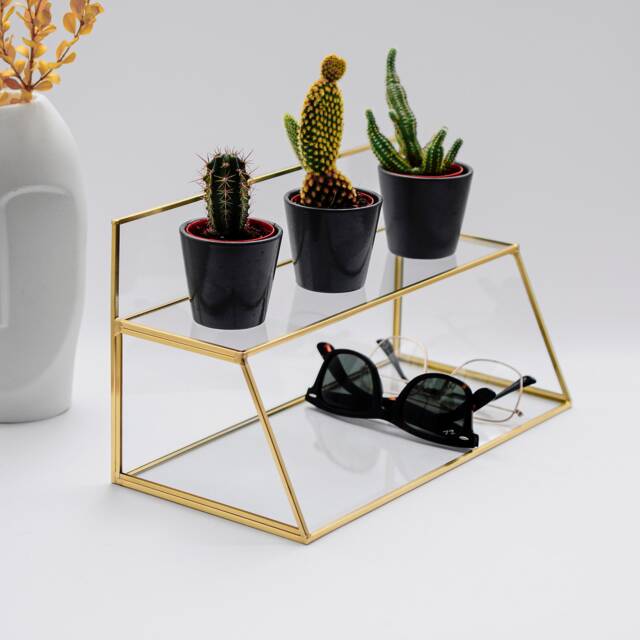 Pen Holder Makeup Jewelry Organizer Box Accessories Gold Brass Glass Wedding Keepsake Geometric Reception 12x7x6 - image 1