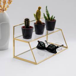 Pen Holder Makeup Jewelry Organizer Box Accessories Gold Brass Glass Wedding Keepsake Geometric Reception 12x7x6