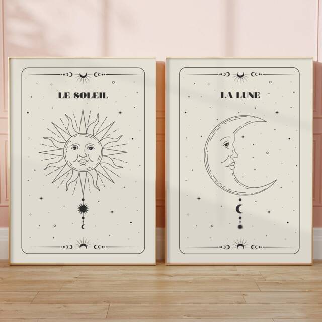 Le Soleil & La Lune Prints - The Sun Moon, Celestial Prints, Astrology, Boho Wall Art, Bedroom Living Room Decor, Set Of 2 - image 1