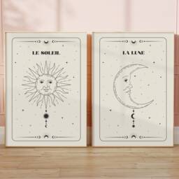 Le Soleil & La Lune Prints - The Sun Moon, Celestial Prints, Astrology, Boho Wall Art, Bedroom Living Room Decor, Set Of 2 - thumbnail 1