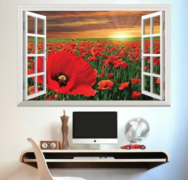 Poppy Field 3D Window View Wall Decal Sunset Vinyl Mural - image 1
