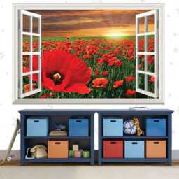Poppy Field 3D Window View Wall Decal Sunset Vinyl Mural - thumbnail 2