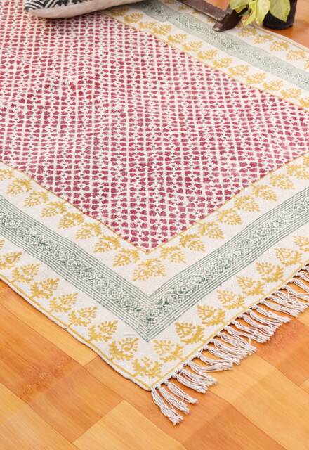 Handmade Block Printed Cotton Rug, 5x8 Ft, Boho Indian Dhurrie - image 1