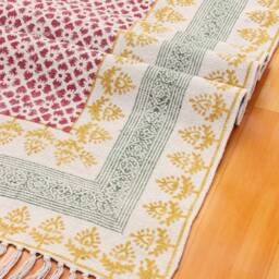 Handmade Block Printed Cotton Rug, 5x8 Ft, Boho Indian Dhurrie - thumbnail 3