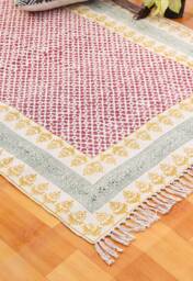 Handmade Block Printed Cotton Rug, 5x8 Ft, Boho Indian Dhurrie - thumbnail 1
