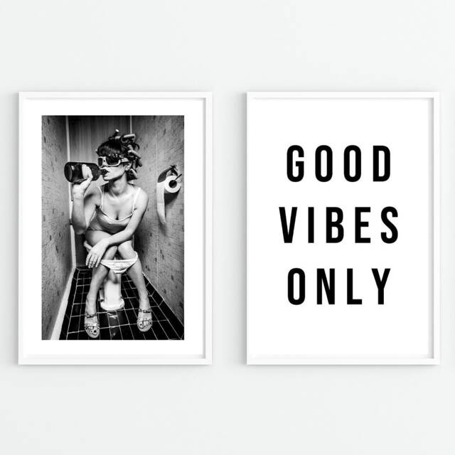 Good Vibes Only Set Of 2 Prints Bathroom Party Prints - Woman Drinking Alcohol