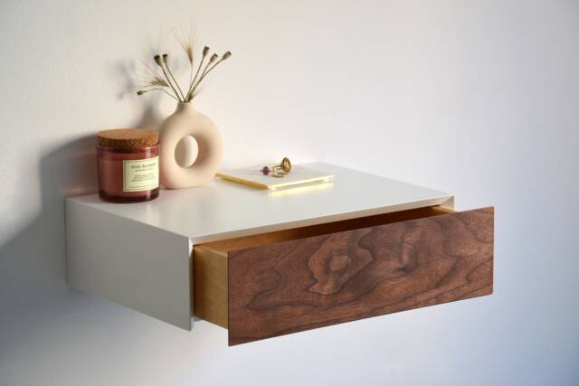 Minimalist Floating Nightstand With Walnut Drawer - Various Sizes Single Or Double - image 1