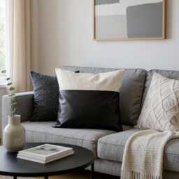 Black Faux Leather & Linen Pillow Cover - Modern Home Decor - thumbnail 3