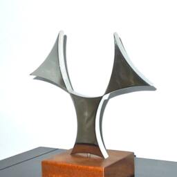 Metal Sculpture, Stainless Steel Wood Base Sculpture, Desktop Mirror Finished, Mahogany - thumbnail 4