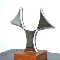 Metal Sculpture, Stainless Steel Wood Base Sculpture, Desktop Mirror Finished, Mahogany - thumbnail 3